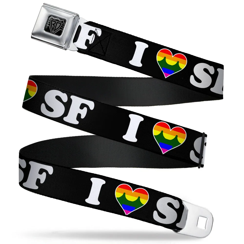 BD Wings Logo CLOSE-UP Full Color Black Silver Seatbelt Belt - I "HEART BRIDGE" SF Black/White/Rainbow Webbing