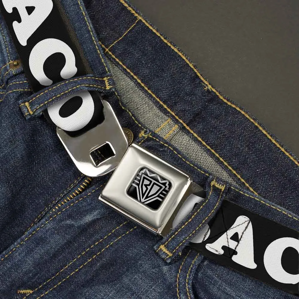 BD Wings Logo CLOSE-UP Full Color Black Silver Seatbelt Belt - I "HEART" BACON Black/White/Red Webbing