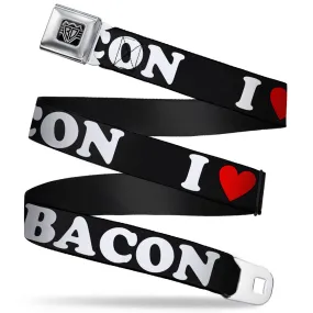 BD Wings Logo CLOSE-UP Full Color Black Silver Seatbelt Belt - I "HEART" BACON Black/White/Red Webbing