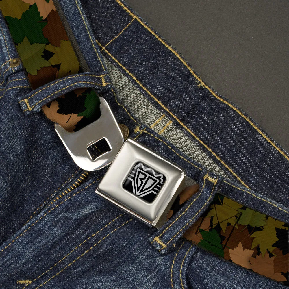 BD Wings Logo CLOSE-UP Full Color Black Silver Seatbelt Belt - Leaf/Branch Camo Tan/Browns/Greens Webbing