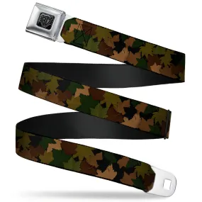 BD Wings Logo CLOSE-UP Full Color Black Silver Seatbelt Belt - Leaf/Branch Camo Tan/Browns/Greens Webbing