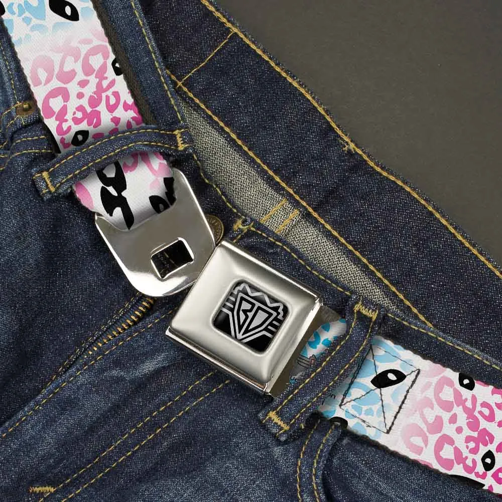 BD Wings Logo CLOSE-UP Full Color Black Silver Seatbelt Belt - Leopard White/Pinks/Blues/Black Webbing