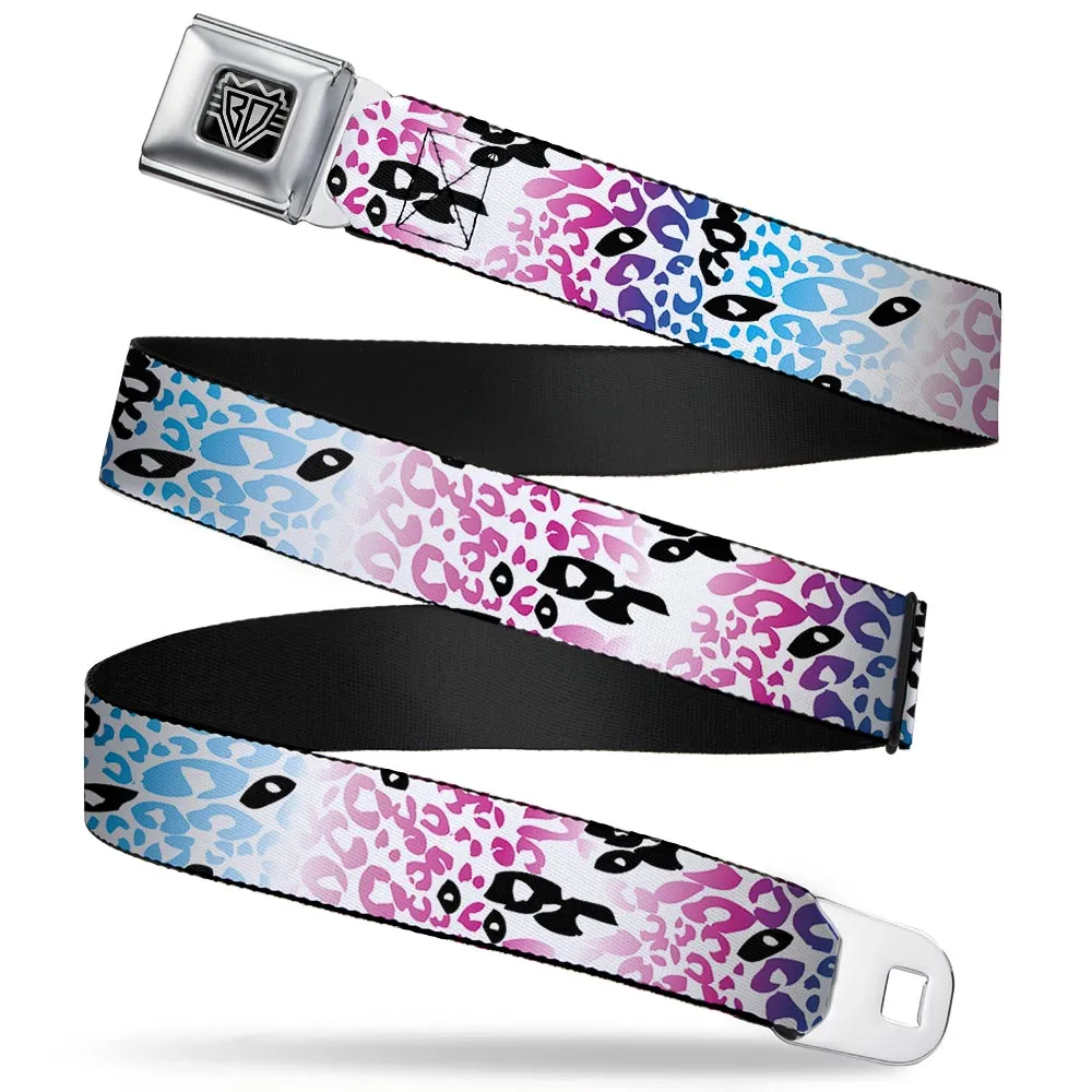 BD Wings Logo CLOSE-UP Full Color Black Silver Seatbelt Belt - Leopard White/Pinks/Blues/Black Webbing