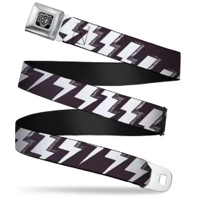 BD Wings Logo CLOSE-UP Full Color Black Silver Seatbelt Belt - Lightning Bolts Sketch Plum/White Webbing