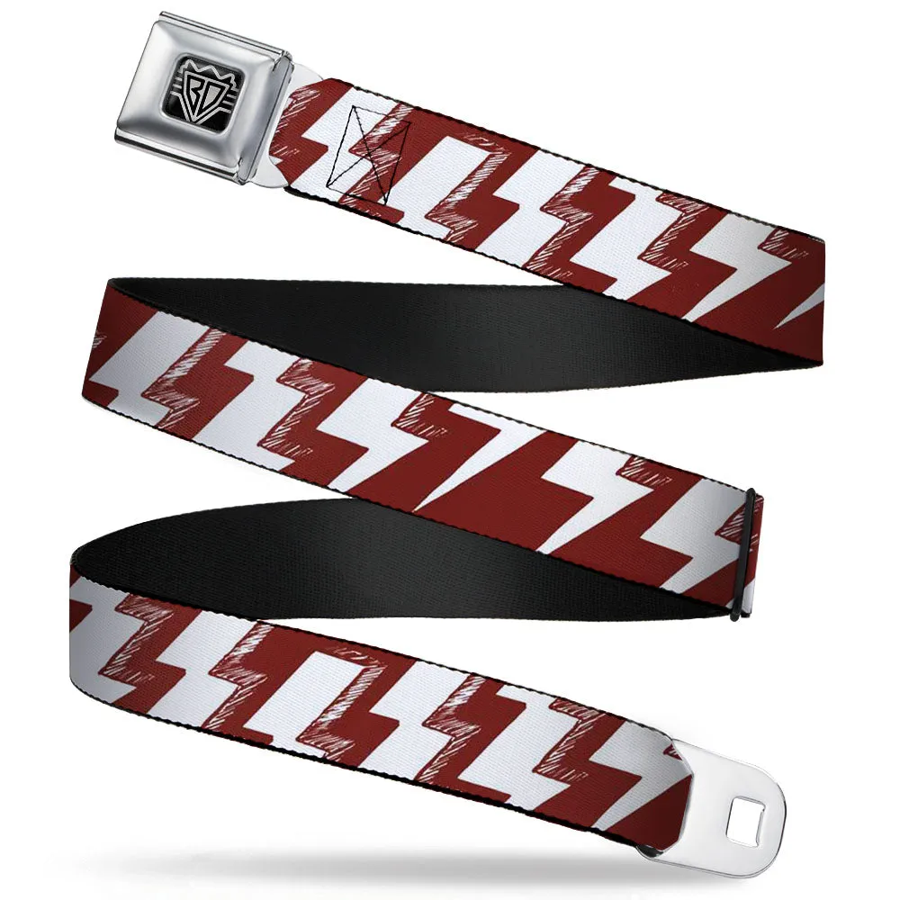 BD Wings Logo CLOSE-UP Full Color Black Silver Seatbelt Belt - Lightning Bolts Sketch Red/White Webbing