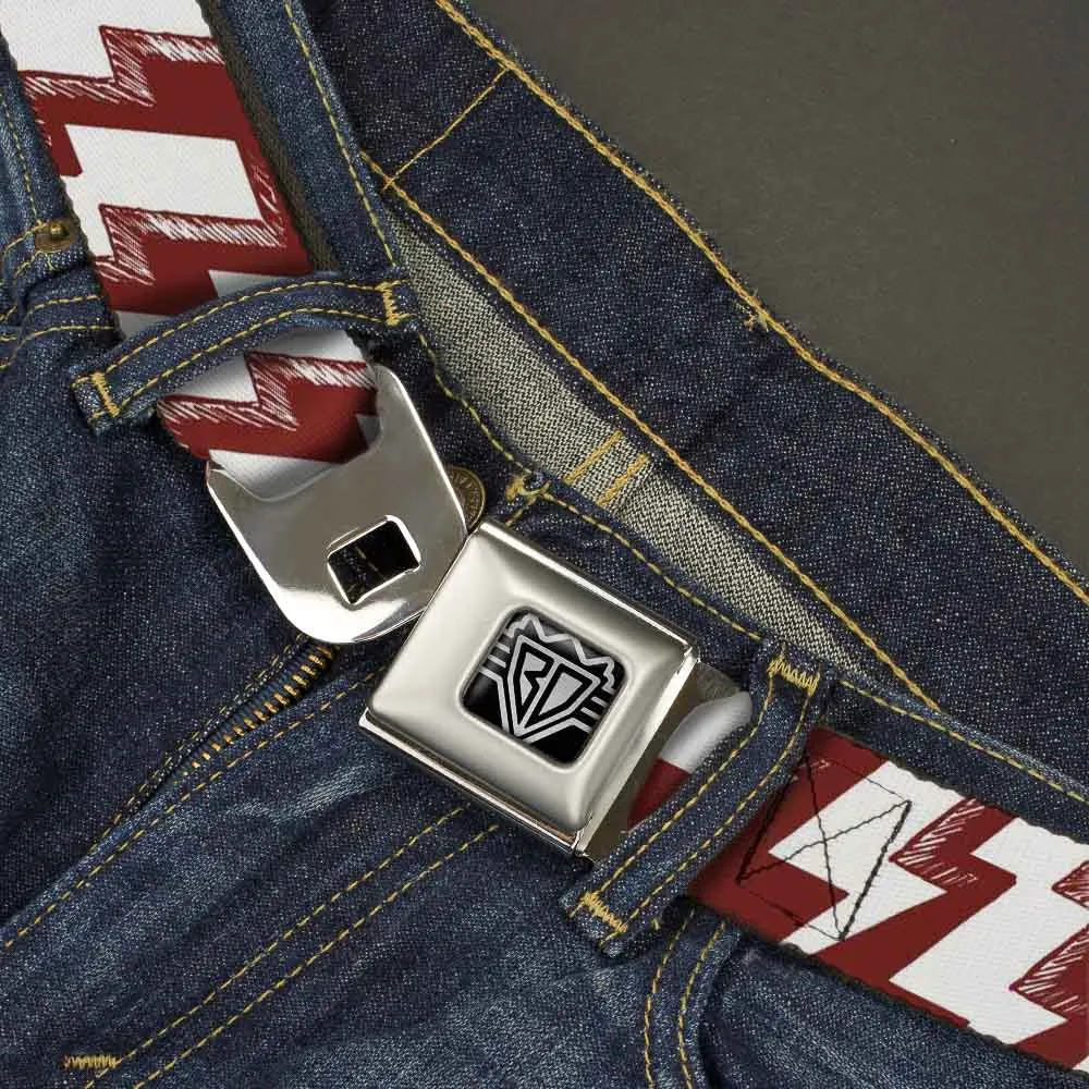 BD Wings Logo CLOSE-UP Full Color Black Silver Seatbelt Belt - Lightning Bolts Sketch Red/White Webbing