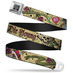 BD Wings Logo CLOSE-UP Full Color Black Silver Seatbelt Belt - Live Hard Die Young Tan Webbing