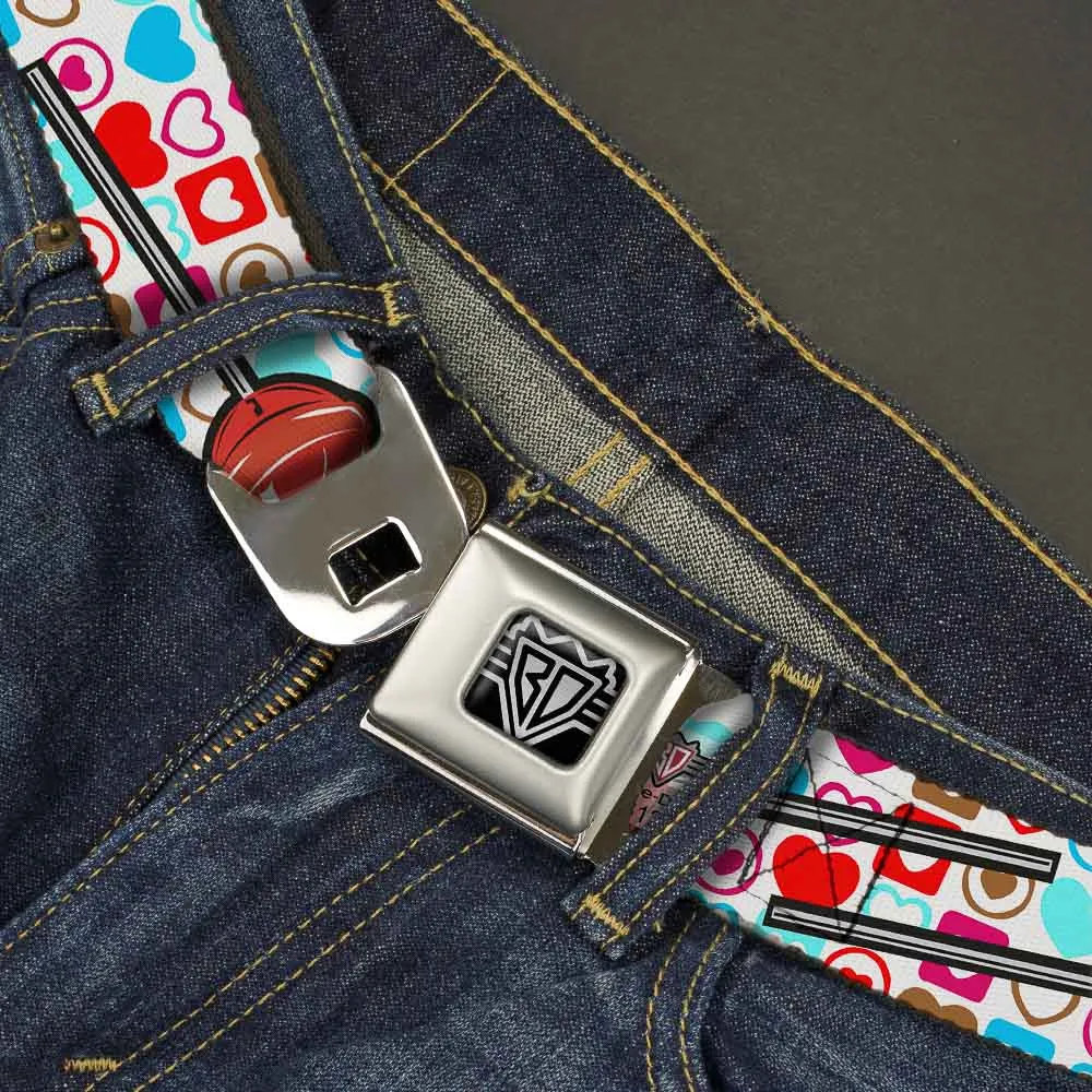 BD Wings Logo CLOSE-UP Full Color Black Silver Seatbelt Belt - Lollipop Hearts White Webbing