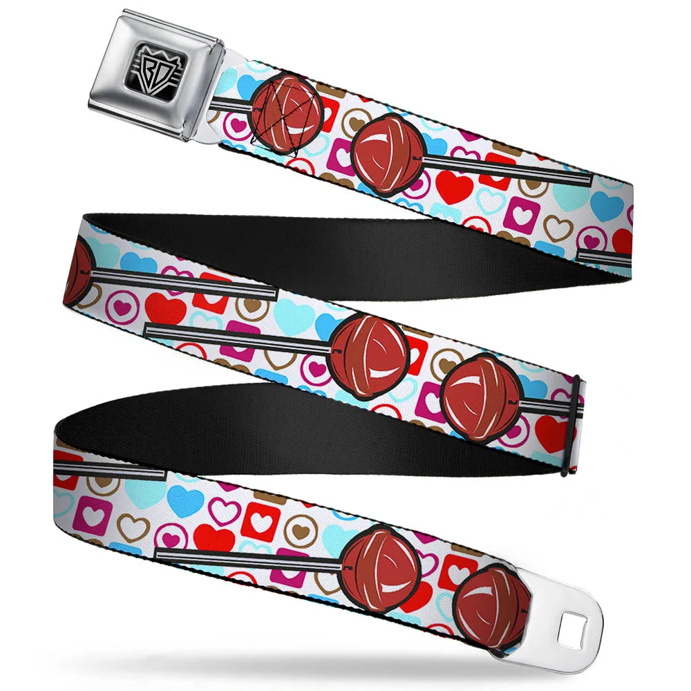 BD Wings Logo CLOSE-UP Full Color Black Silver Seatbelt Belt - Lollipop Hearts White Webbing