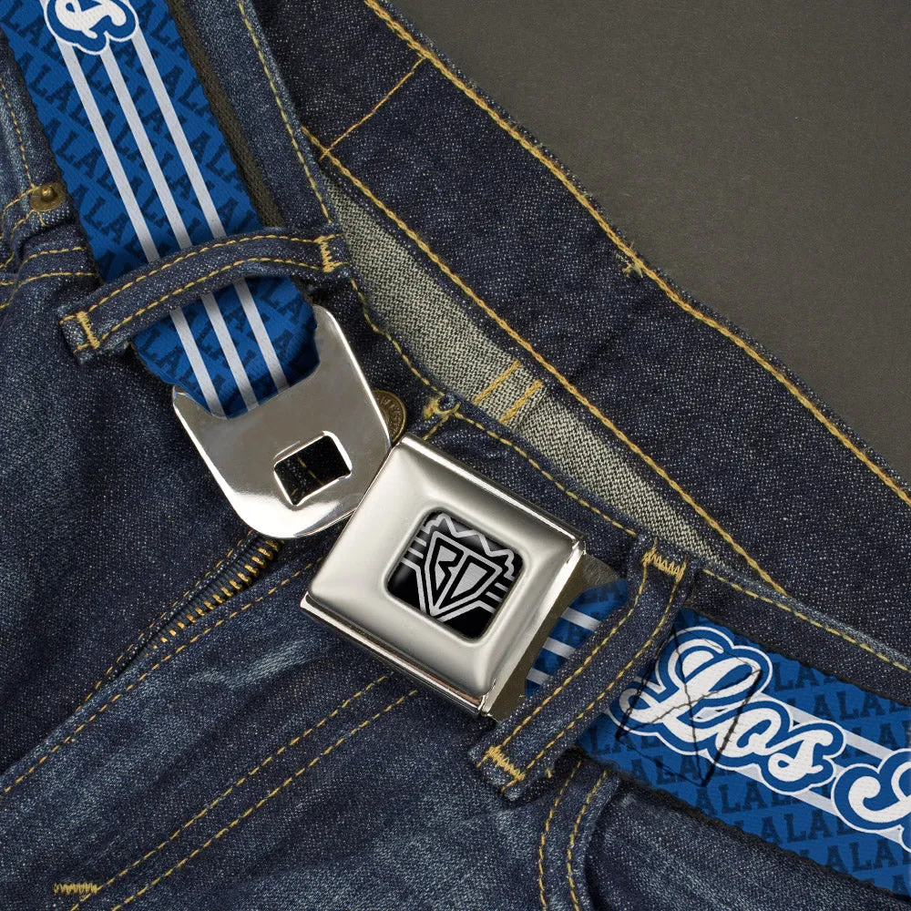 BD Wings Logo CLOSE-UP Full Color Black Silver Seatbelt Belt - LOS ANGELES Script/LA 3-Stripe Blues/White Webbing