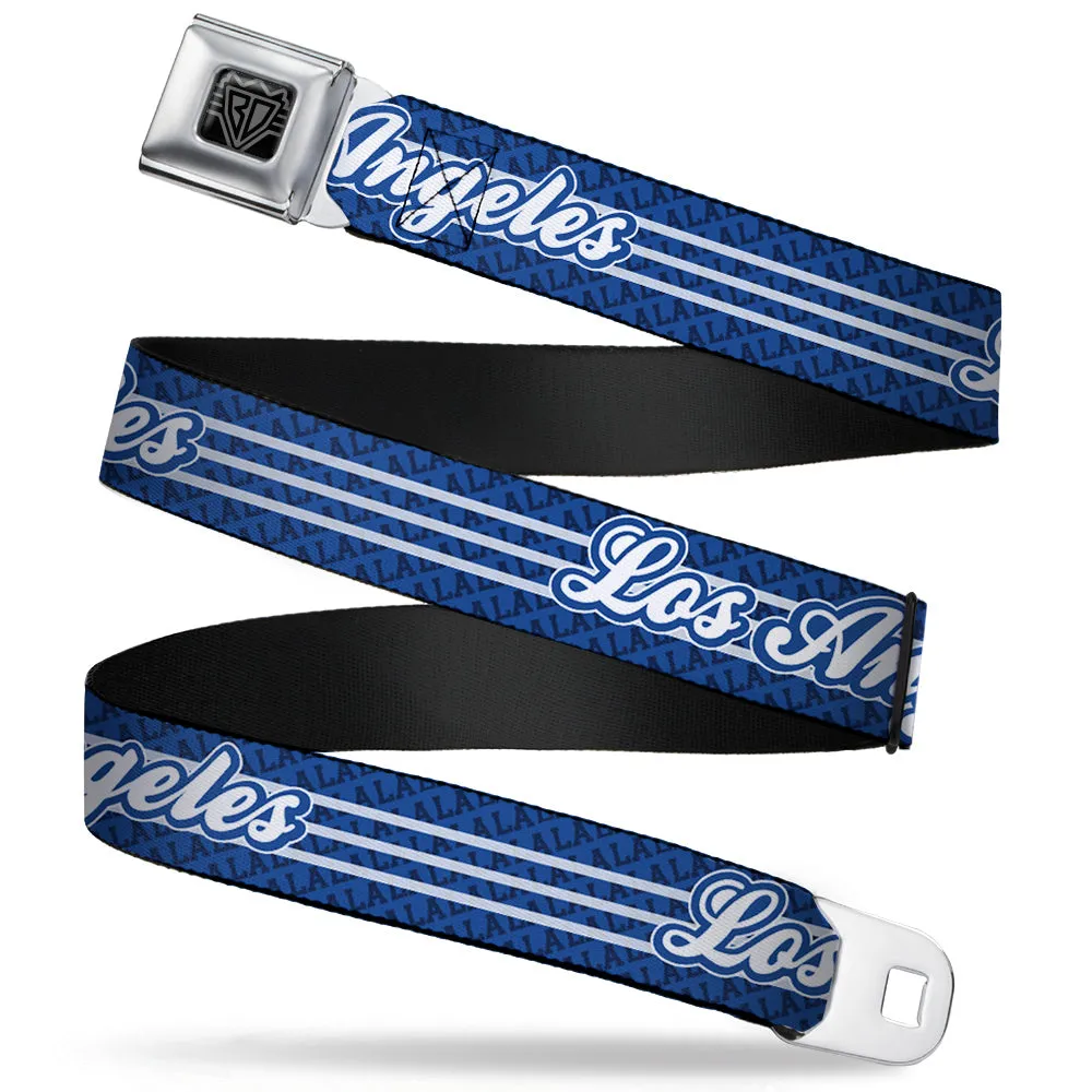 BD Wings Logo CLOSE-UP Full Color Black Silver Seatbelt Belt - LOS ANGELES Script/LA 3-Stripe Blues/White Webbing