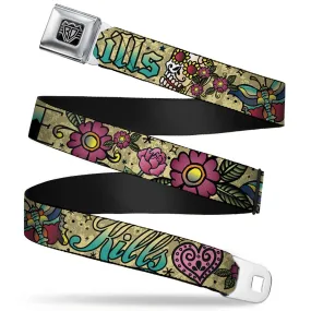 BD Wings Logo CLOSE-UP Full Color Black Silver Seatbelt Belt - Love Kills Tan Webbing