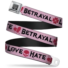 BD Wings Logo CLOSE-UP Full Color Black Silver Seatbelt Belt - Love/Hate/Betrayal Pink/Black/Fuchsia Webbing