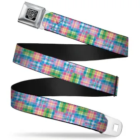 BD Wings Logo CLOSE-UP Full Color Black Silver Seatbelt Belt - Madras Plaid Pink Webbing