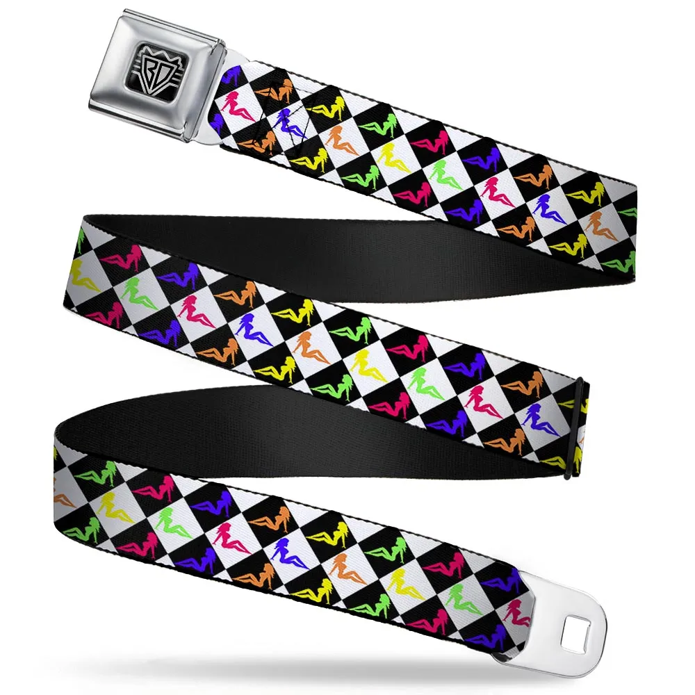 BD Wings Logo CLOSE-UP Full Color Black Silver Seatbelt Belt - Mud Flap Girl Diamonds Black/White/Multi Neon Webbing