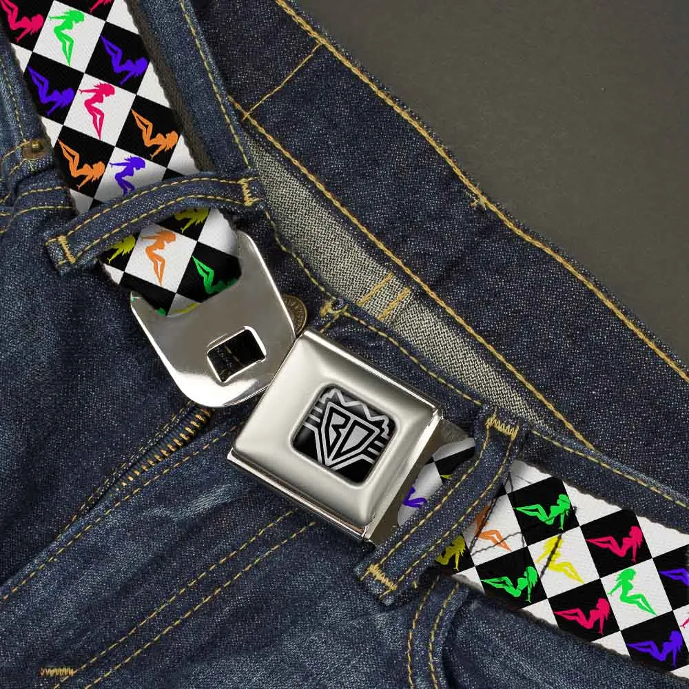 BD Wings Logo CLOSE-UP Full Color Black Silver Seatbelt Belt - Mud Flap Girl Diamonds Black/White/Multi Neon Webbing