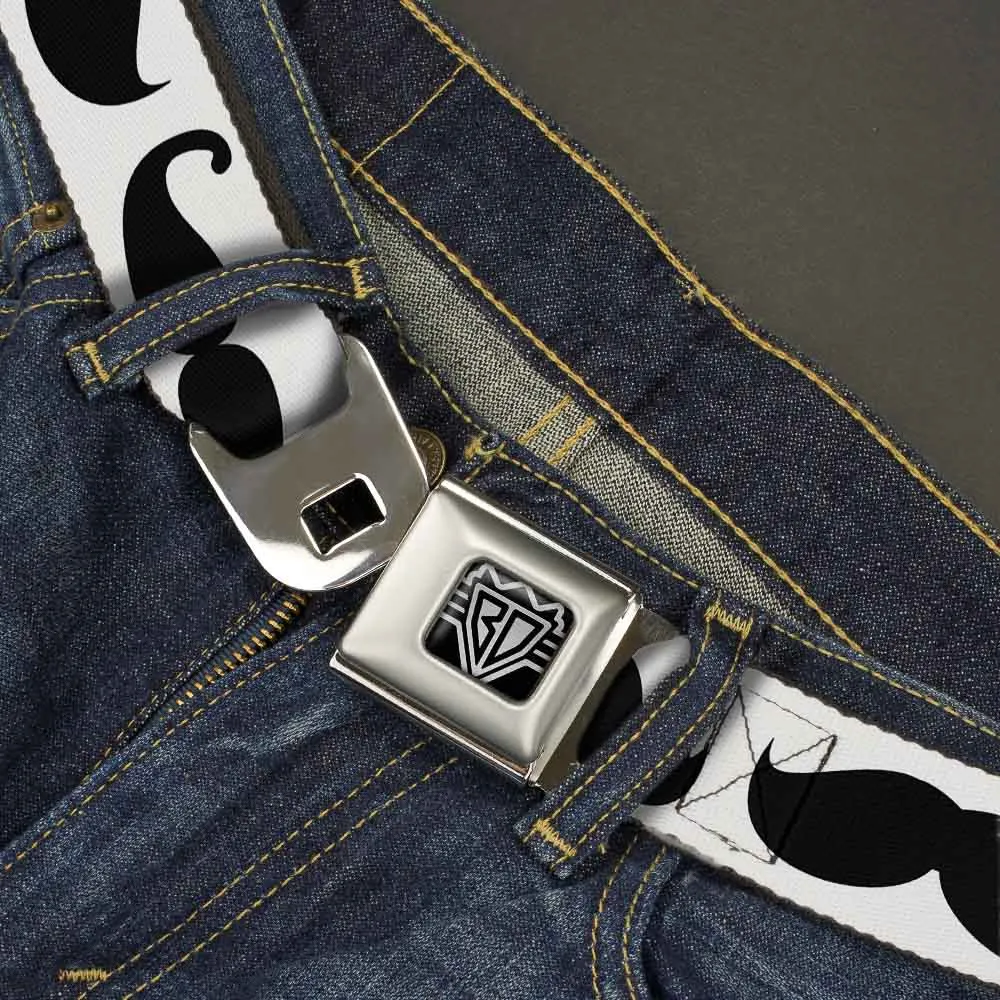 BD Wings Logo CLOSE-UP Full Color Black Silver Seatbelt Belt - Multi Mustaches Sketch White/Black Webbing