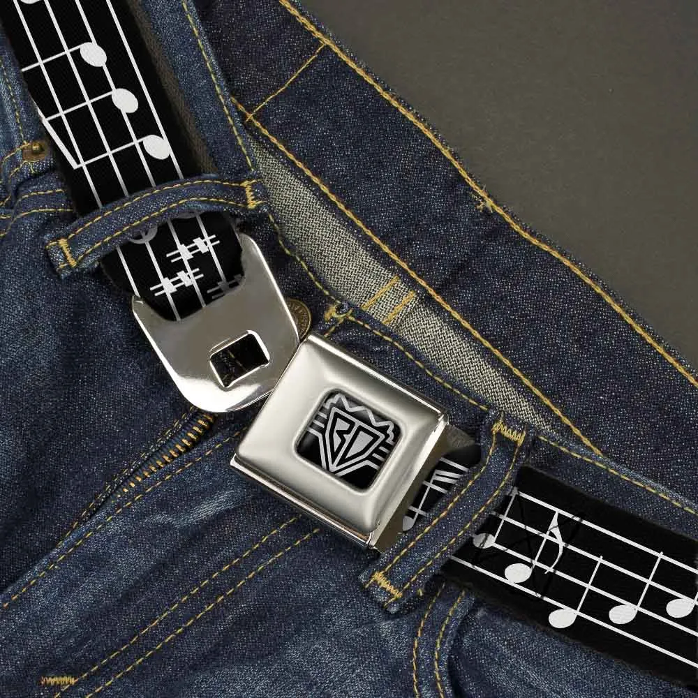 BD Wings Logo CLOSE-UP Full Color Black Silver Seatbelt Belt - Music Notes Black/White Webbing