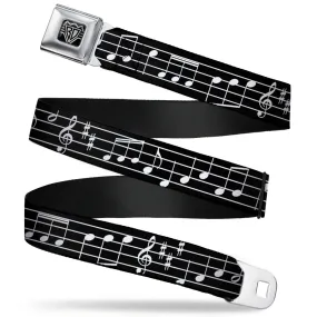 BD Wings Logo CLOSE-UP Full Color Black Silver Seatbelt Belt - Music Notes Black/White Webbing