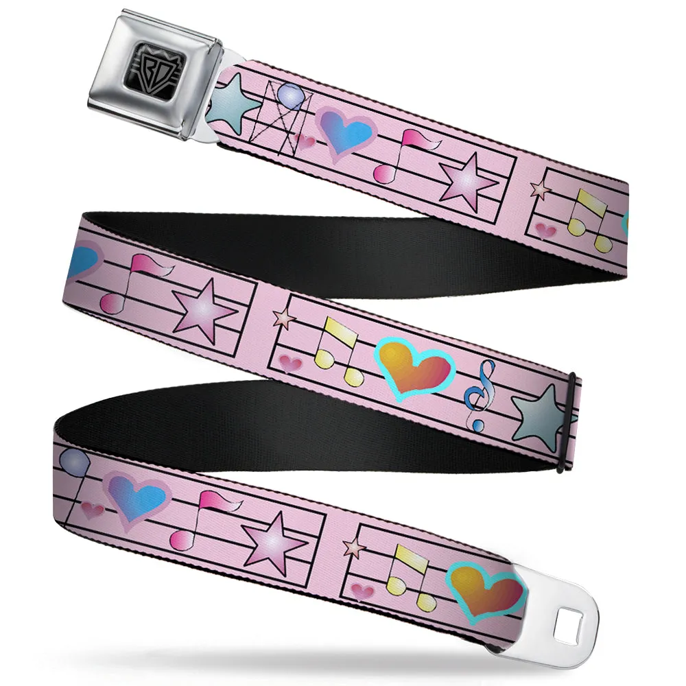 BD Wings Logo CLOSE-UP Full Color Black Silver Seatbelt Belt - Music Notes Pink Webbing