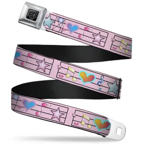 BD Wings Logo CLOSE-UP Full Color Black Silver Seatbelt Belt - Music Notes Pink Webbing