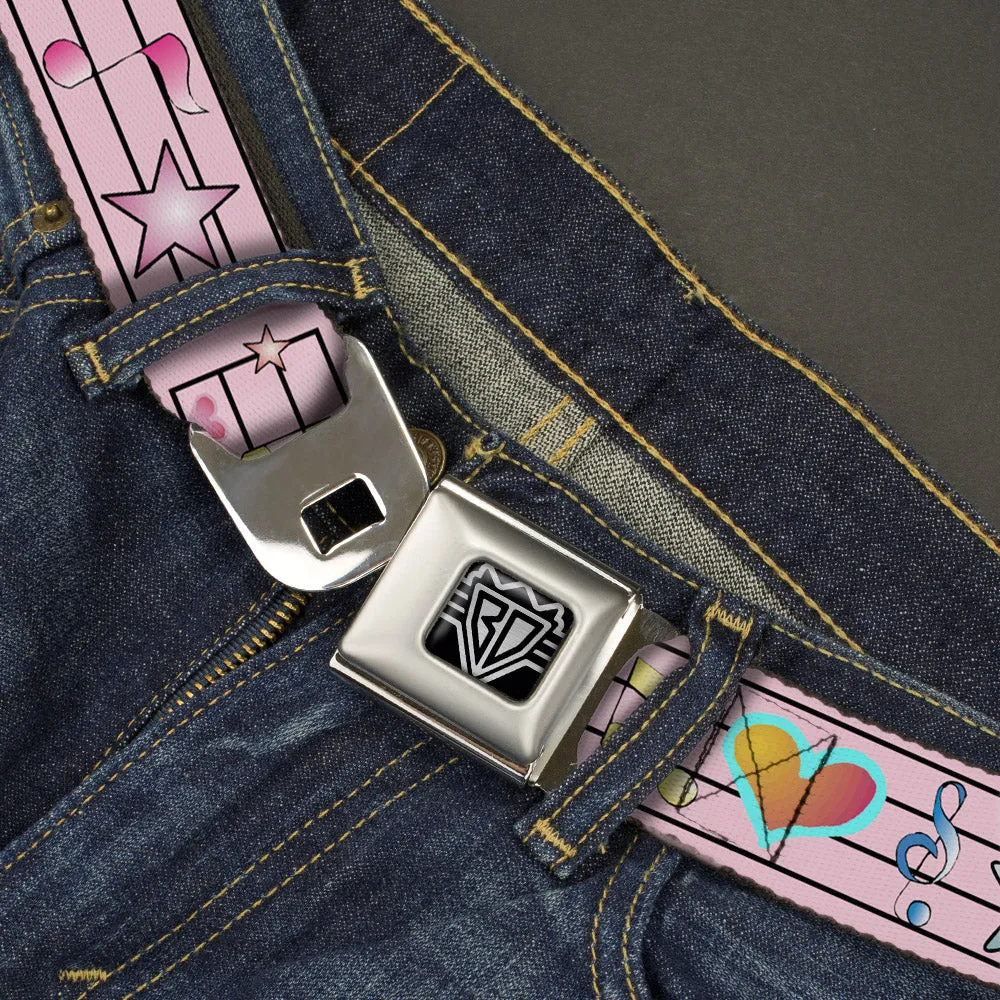 BD Wings Logo CLOSE-UP Full Color Black Silver Seatbelt Belt - Music Notes Pink Webbing