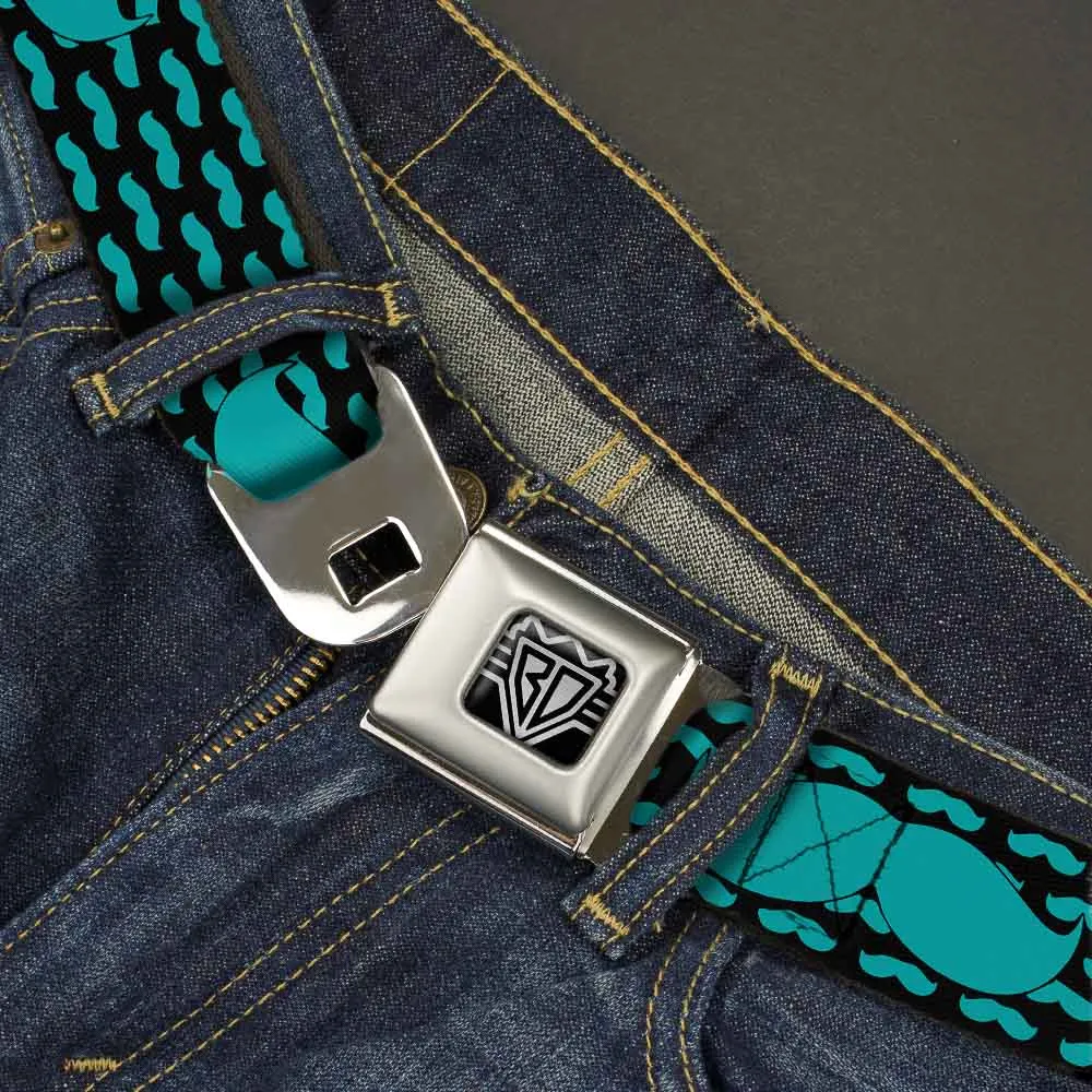 BD Wings Logo CLOSE-UP Full Color Black Silver Seatbelt Belt - Mustaches Mini/Single Repeat Black/Turquoise Webbing