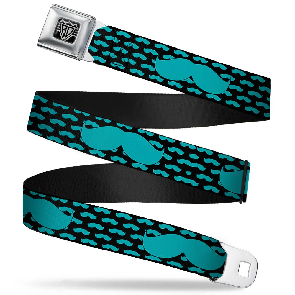 BD Wings Logo CLOSE-UP Full Color Black Silver Seatbelt Belt - Mustaches Mini/Single Repeat Black/Turquoise Webbing