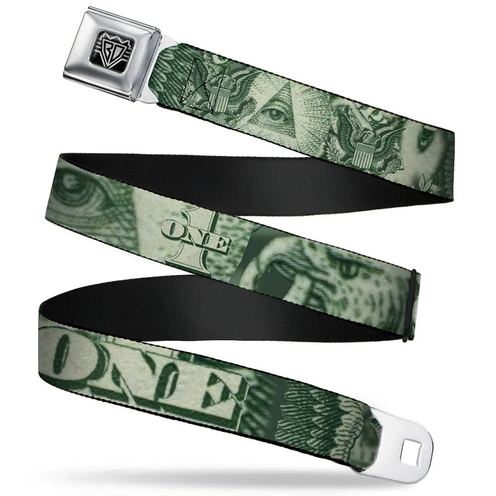 BD Wings Logo CLOSE-UP Full Color Black Silver Seatbelt Belt - One Dollar Bill Eye of Providence/Bald Eagle CLOSE-UP Webbing