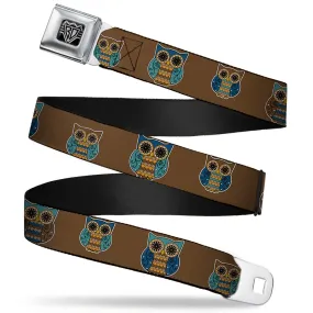 BD Wings Logo CLOSE-UP Full Color Black Silver Seatbelt Belt - Owls Brown/Pastel Webbing