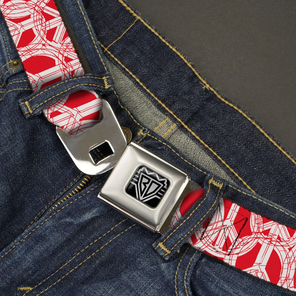 BD Wings Logo CLOSE-UP Full Color Black Silver Seatbelt Belt - Peace Sketch Red/White Webbing