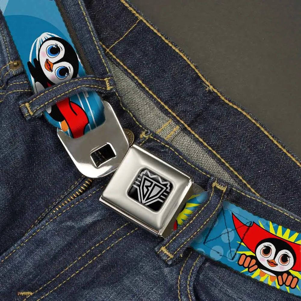 BD Wings Logo CLOSE-UP Full Color Black Silver Seatbelt Belt - Penguin Superhero Blue Bubbles Webbing