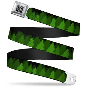 BD Wings Logo CLOSE-UP Full Color Black Silver Seatbelt Belt - Pine Tree Silhouettes Black/Greens Webbing