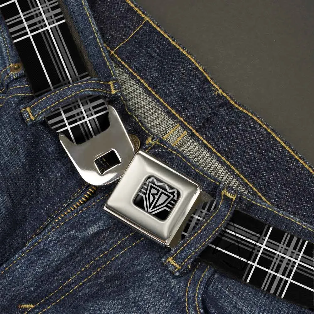 BD Wings Logo CLOSE-UP Full Color Black Silver Seatbelt Belt - Plaid Black/Gray Webbing