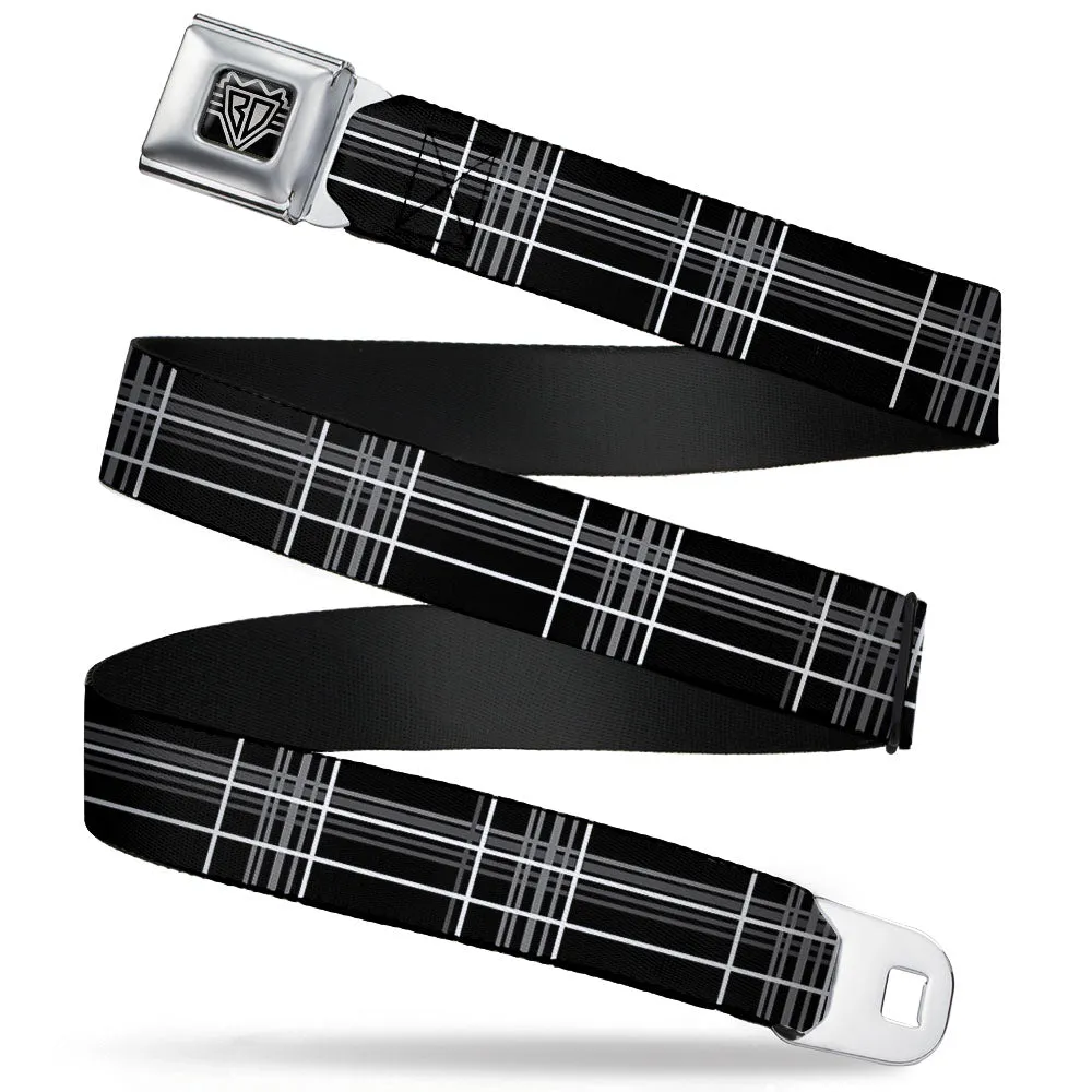 BD Wings Logo CLOSE-UP Full Color Black Silver Seatbelt Belt - Plaid Black/Gray Webbing