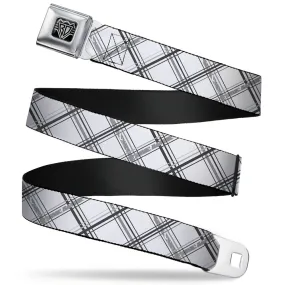 BD Wings Logo CLOSE-UP Full Color Black Silver Seatbelt Belt - Plaid X Weathered White/Gray Webbing