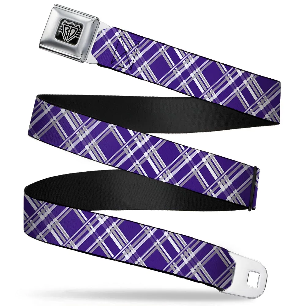 BD Wings Logo CLOSE-UP Full Color Black Silver Seatbelt Belt - Plaid X3 Purple/Gray/White Webbing