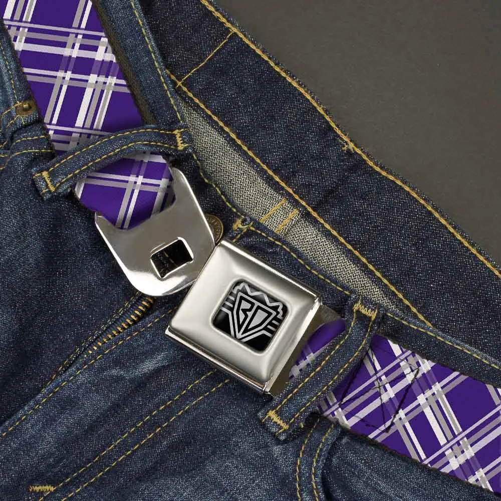 BD Wings Logo CLOSE-UP Full Color Black Silver Seatbelt Belt - Plaid X3 Purple/Gray/White Webbing