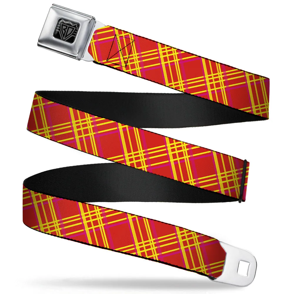 BD Wings Logo CLOSE-UP Full Color Black Silver Seatbelt Belt - Plaid X4 Fluorescent Oranges/Pinks/Yellow Webbing