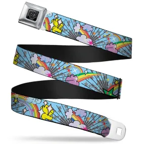 BD Wings Logo CLOSE-UP Full Color Black Silver Seatbelt Belt - Rainbow Cloud Stars Baby Blue Webbing