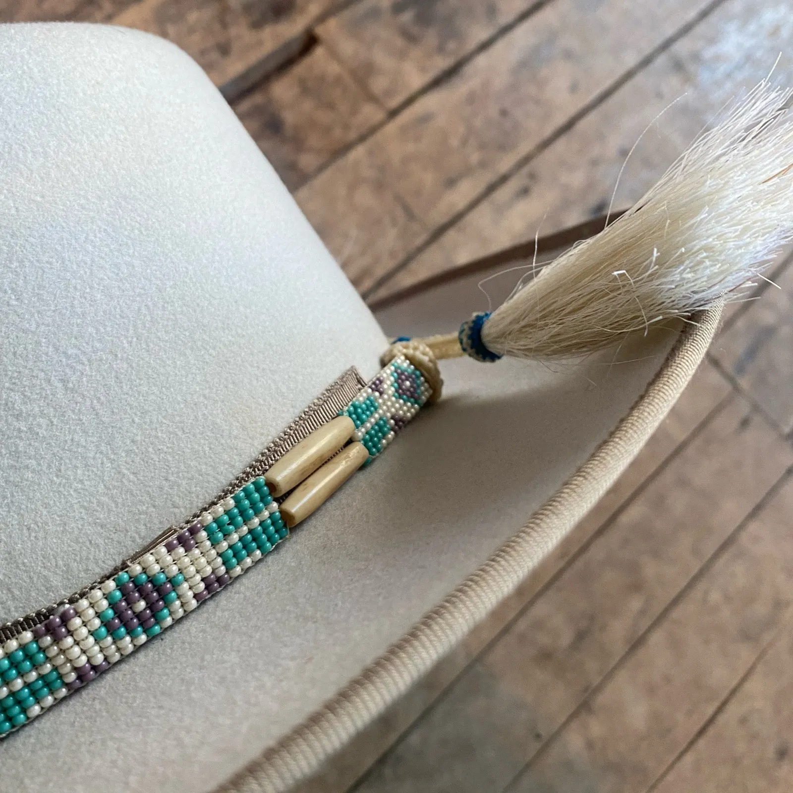 Beaded Bone Hat Band w/ Horsehair Tassels