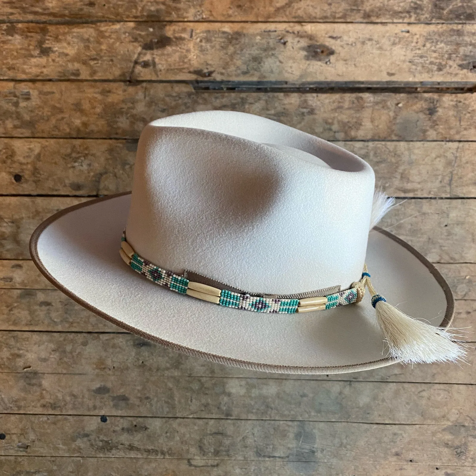 Beaded Bone Hat Band w/ Horsehair Tassels