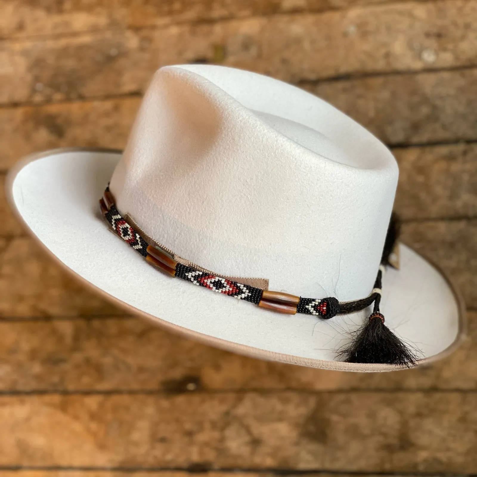 Beaded Bone Hat Band w/ Horsehair Tassels