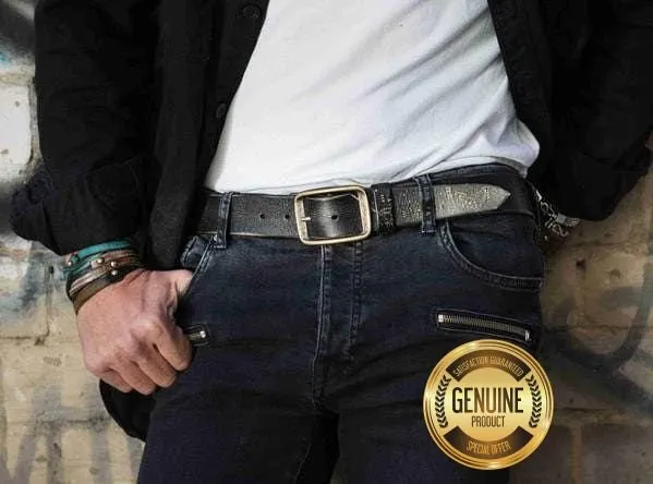 Black Leather Mens Belt - Western Style Accessory with Buckle - Genuine Design for Mens Fashion