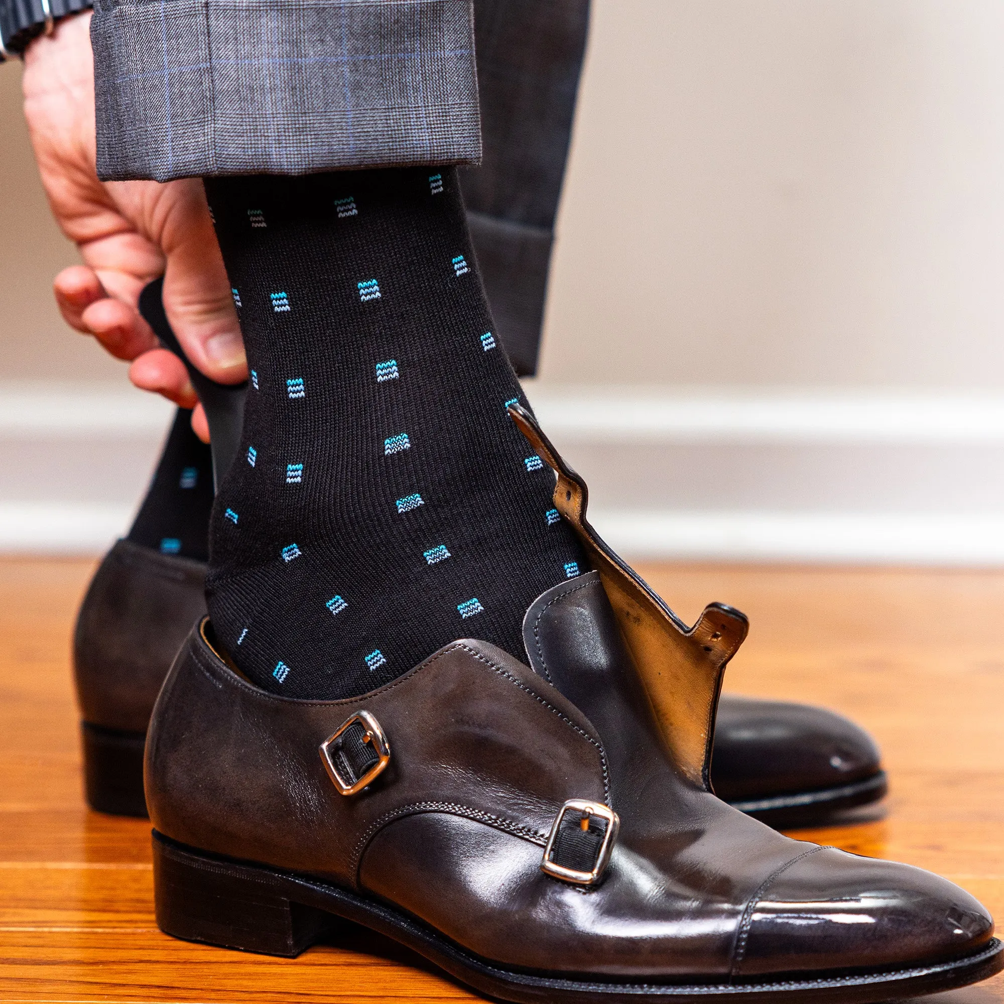 Blue Square Knots on Black Cotton Mid Calf Dress Socks