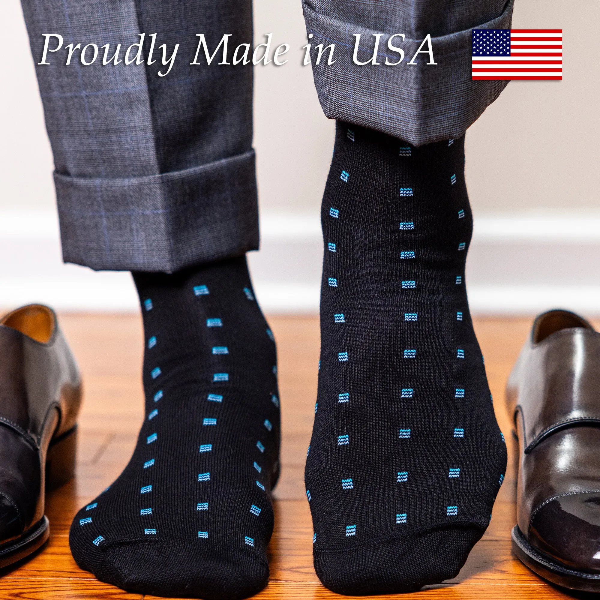 Blue Square Knots on Black Cotton Mid Calf Dress Socks