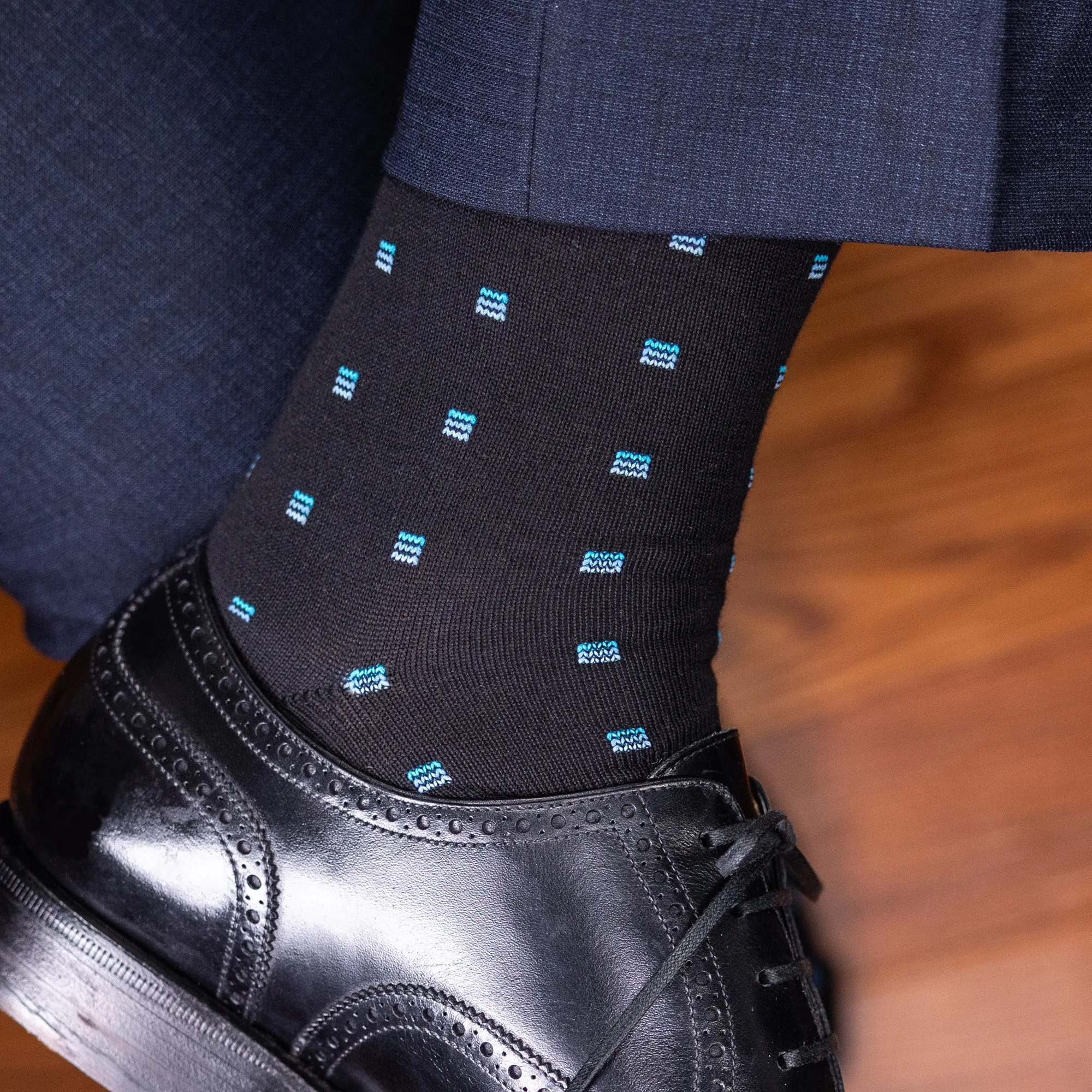 Blue Square Knots on Black Cotton Mid Calf Dress Socks