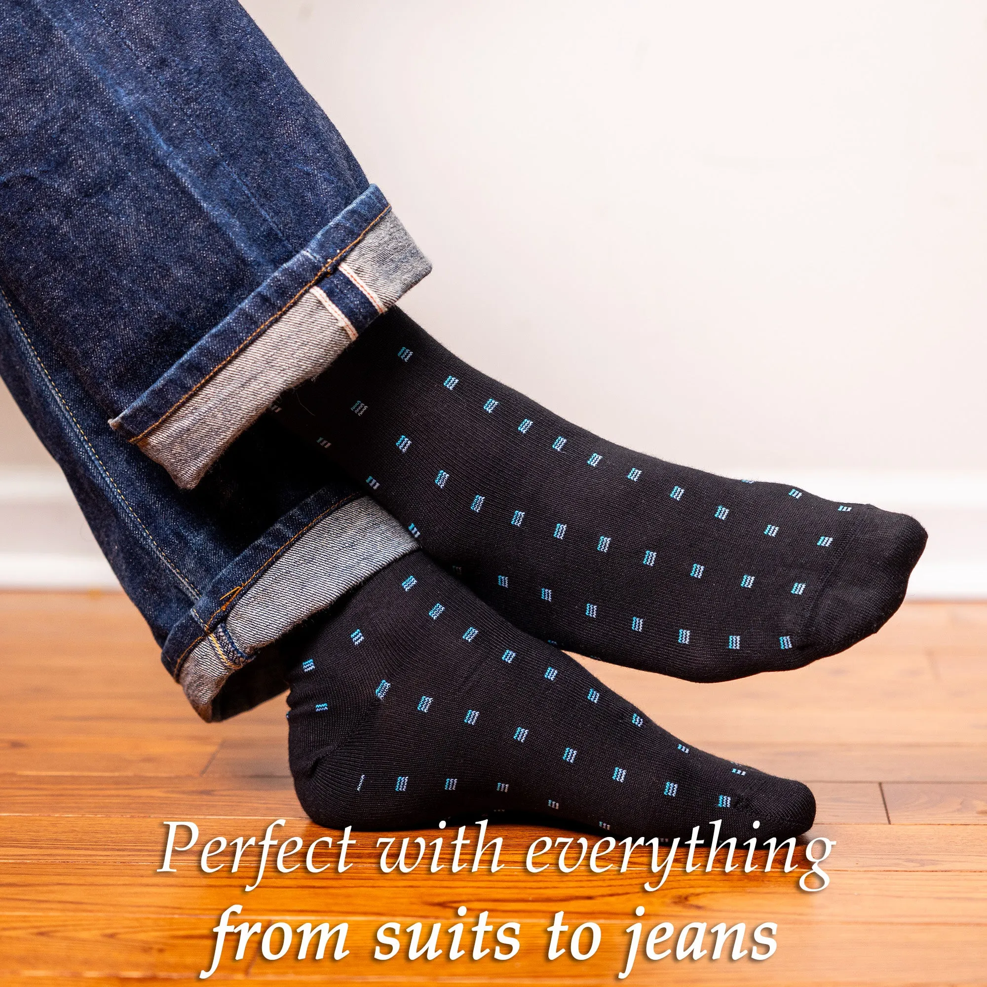 Blue Square Knots on Black Cotton Mid Calf Dress Socks