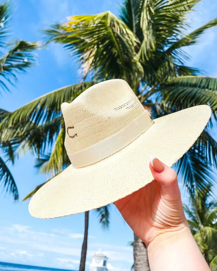 Charlie 1 Horse | Mexico Shore Straw Stiff Brim Hat with Thunderbird in Natural Tan