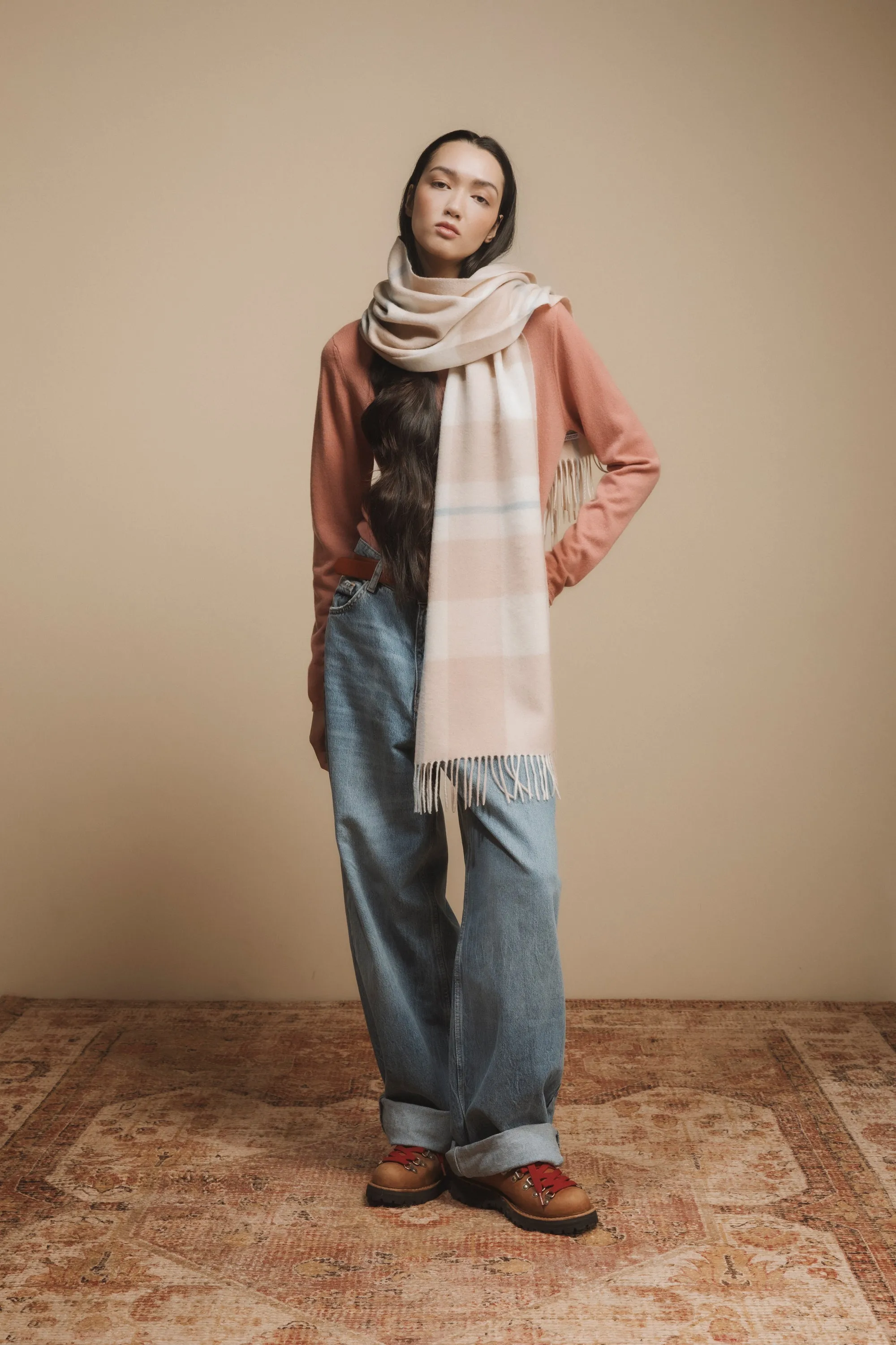 Contemporary Check Cashmere Wide Scarf - Champagne Pink